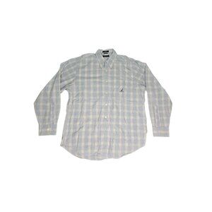 Nautica Men's Blue and White Plaid Button Down Shirt - Size Large